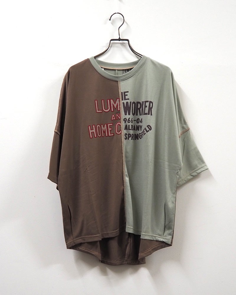 LIME.INC ライムインク 汗ジミ防止天竺切替プルオーバー4分袖 半袖Tシャツ カットソー 汗ジミ防止加工 吸汗速乾 アシンメトリーバイカラー配色切替 チェーンステッチ 英字ロゴプリント 4分袖 ポリエステル天竺 ゆったり ビッグシルエット フリーサイズ スポーティー大人カジュアル夏コーデ