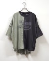 LIME.INC ライムインク 汗ジミ防止天竺切替プルオーバー4分袖 半袖Tシャツ カットソー 汗ジミ防止加工 吸汗速乾 アシンメトリーバイカラー配色切替 チェーンステッチ 英字ロゴプリント 4分袖 ポリエステル天竺 ゆったり ビッグシルエット フリーサイズ スポーティー大人カジュアル夏コーデ