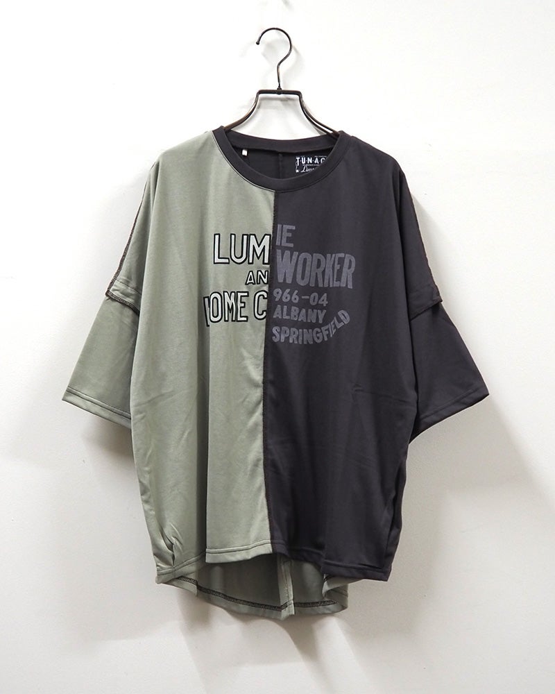 LIME.INC ライムインク 汗ジミ防止天竺切替プルオーバー4分袖 半袖Tシャツ カットソー 汗ジミ防止加工 吸汗速乾 アシンメトリーバイカラー配色切替 チェーンステッチ 英字ロゴプリント 4分袖 ポリエステル天竺 ゆったり ビッグシルエット フリーサイズ スポーティー大人カジュアル夏コーデ