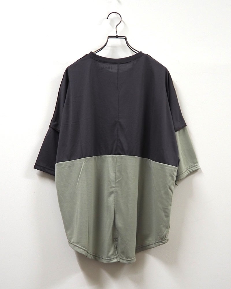 LIME.INC ライムインク 汗ジミ防止天竺切替プルオーバー4分袖 半袖Tシャツ カットソー 汗ジミ防止加工 吸汗速乾 アシンメトリーバイカラー配色切替 チェーンステッチ 英字ロゴプリント 4分袖 ポリエステル天竺 ゆったり ビッグシルエット フリーサイズ スポーティー大人カジュアル夏コーデ