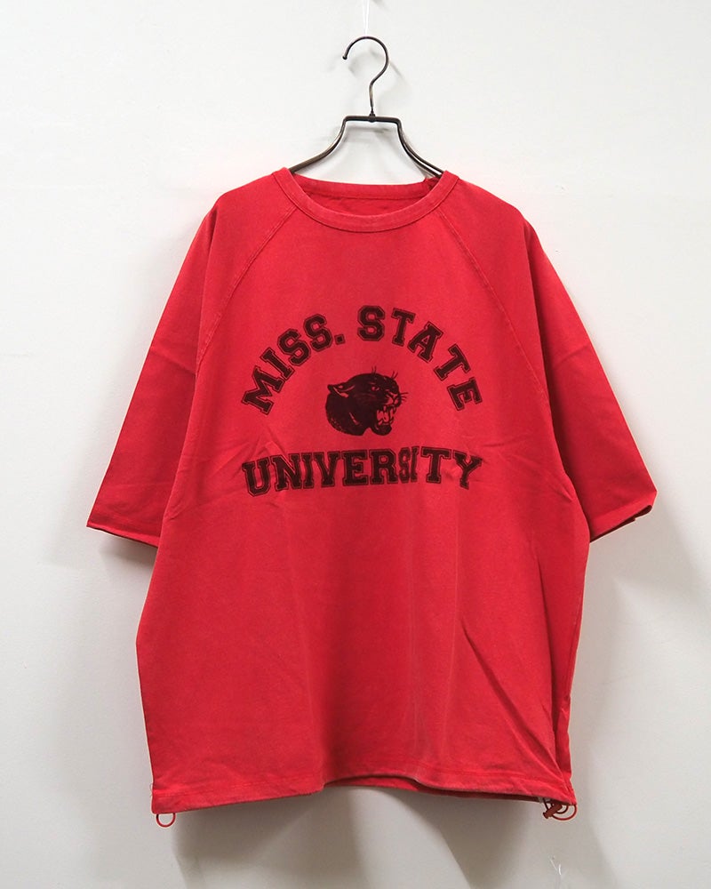 8Laboratory エイトラボラトリー ラグランパンサーT 半袖Tシャツ カットソー フロッキープリント カレッジロゴ PANTHERS ピグメント加工 ヴィンテージ風 裾ドローストリング 裾絞りバルーンシルエット ラグランスリーブ コットン天竺 ゆったり フリーサイズ アメカジ夏コーデ