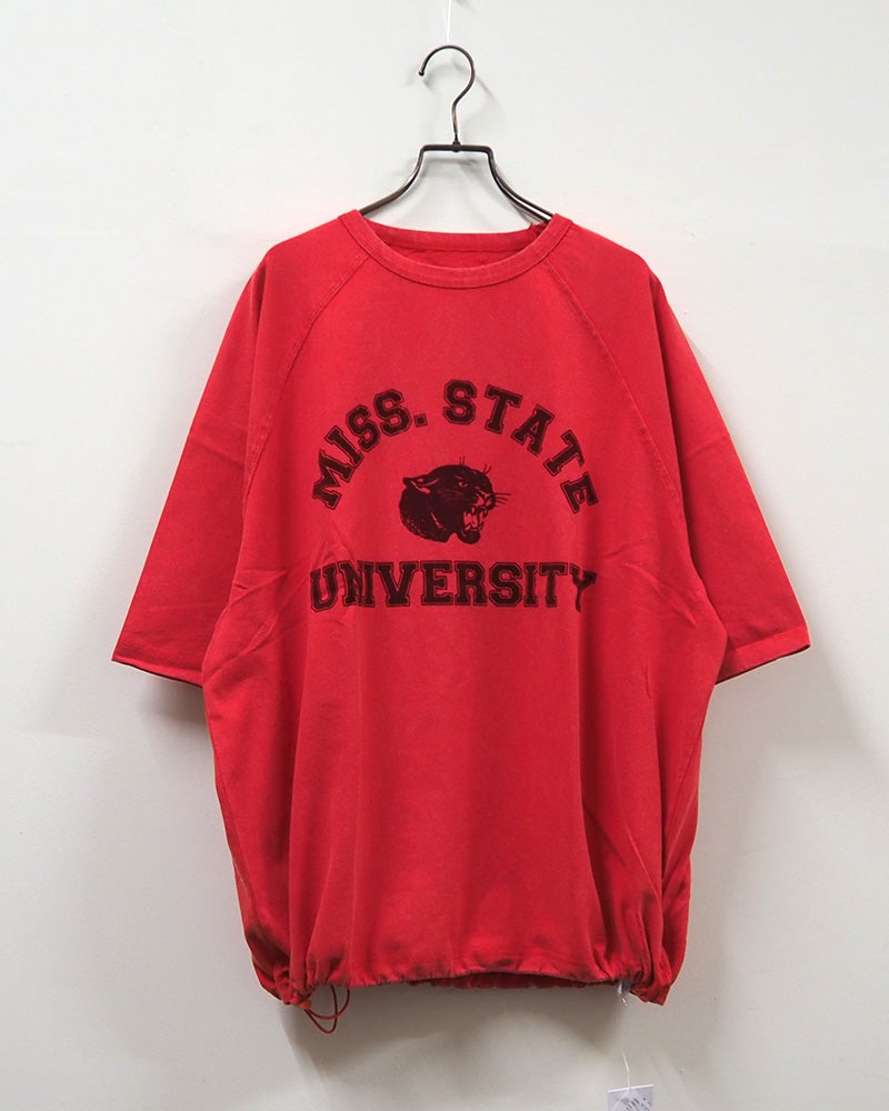 8Laboratory エイトラボラトリー ラグランパンサーT 半袖Tシャツ カットソー フロッキープリント カレッジロゴ PANTHERS ピグメント加工 ヴィンテージ風 裾ドローストリング 裾絞りバルーンシルエット ラグランスリーブ コットン天竺 ゆったり フリーサイズ アメカジ夏コーデ