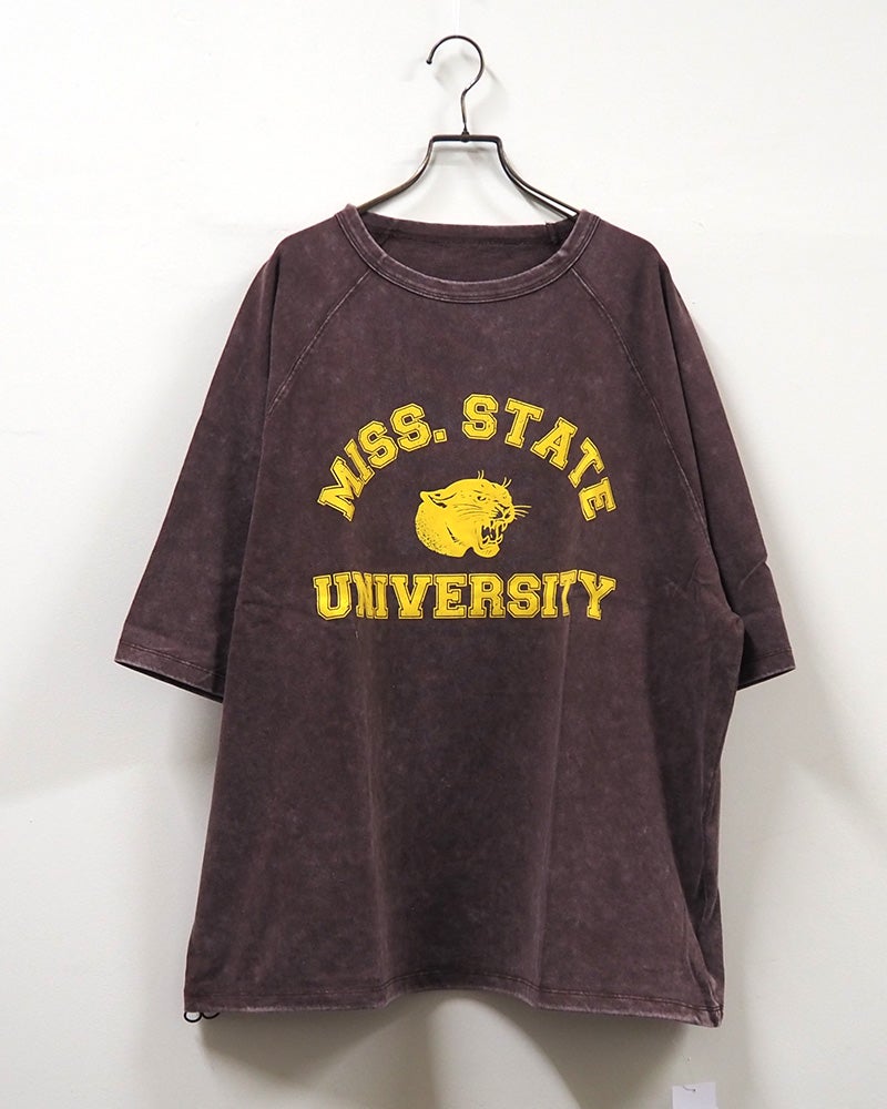 8Laboratory エイトラボラトリー ラグランパンサーT 半袖Tシャツ カットソー フロッキープリント カレッジロゴ PANTHERS ピグメント加工 ヴィンテージ風 裾ドローストリング 裾絞りバルーンシルエット ラグランスリーブ コットン天竺 ゆったり フリーサイズ アメカジ夏コーデ
