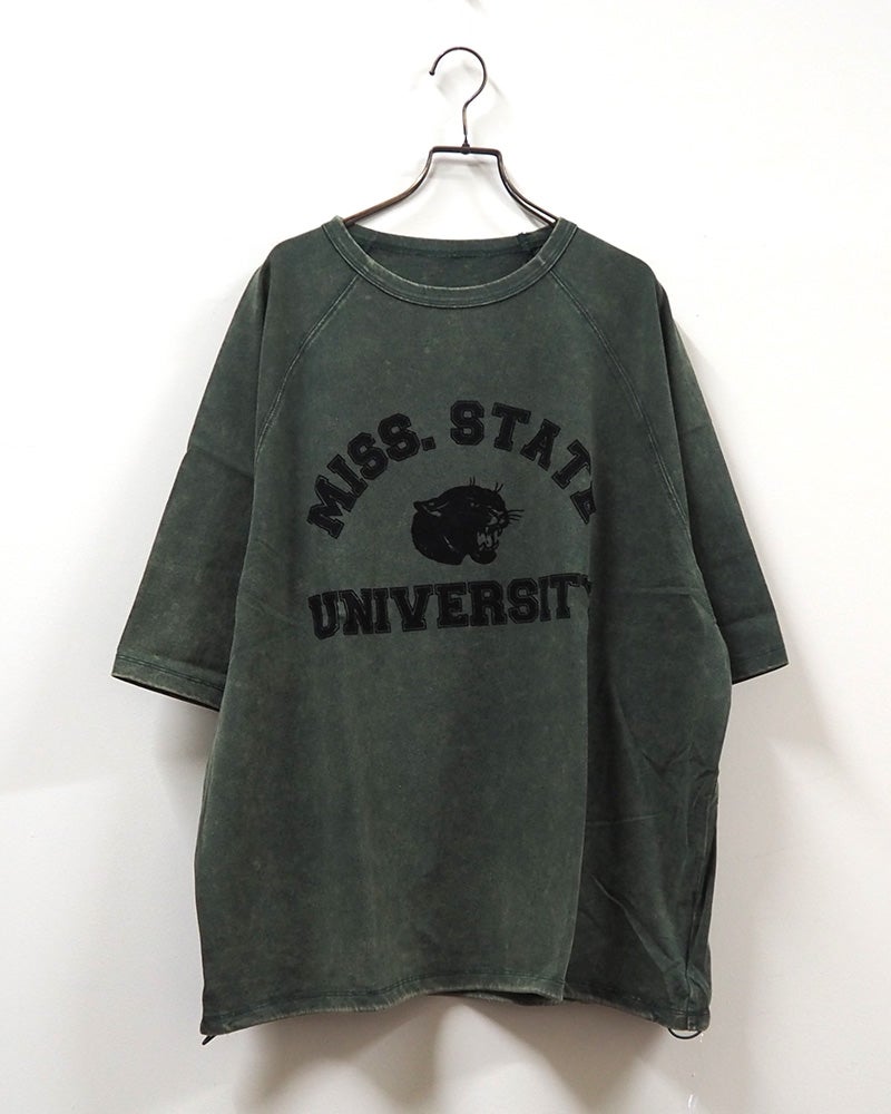 8Laboratory エイトラボラトリー ラグランパンサーT 半袖Tシャツ カットソー フロッキープリント カレッジロゴ PANTHERS ピグメント加工 ヴィンテージ風 裾ドローストリング 裾絞りバルーンシルエット ラグランスリーブ コットン天竺 ゆったり フリーサイズ アメカジ夏コーデ