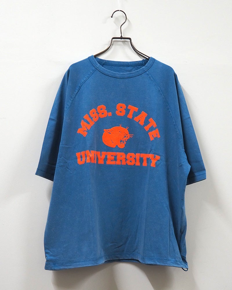 8Laboratory エイトラボラトリー ラグランパンサーT 半袖Tシャツ カットソー フロッキープリント カレッジロゴ PANTHERS ピグメント加工 ヴィンテージ風 裾ドローストリング 裾絞りバルーンシルエット ラグランスリーブ コットン天竺 ゆったり フリーサイズ アメカジ夏コーデ