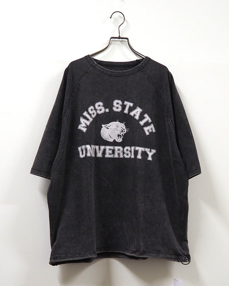 8Laboratory エイトラボラトリー ラグランパンサーT 半袖Tシャツ カットソー フロッキープリント カレッジロゴ PANTHERS ピグメント加工 ヴィンテージ風 裾ドローストリング 裾絞りバルーンシルエット ラグランスリーブ コットン天竺 ゆったり フリーサイズ アメカジ夏コーデ