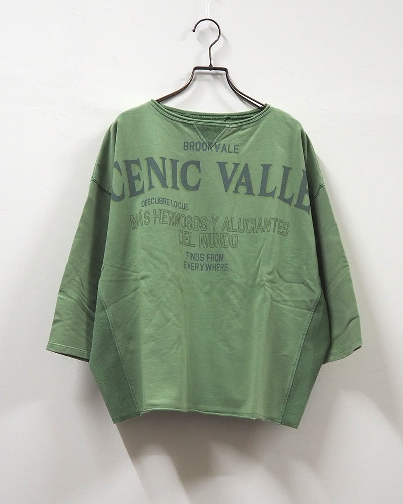 2WAY7分スウェットTEE 七分袖スウェット カレッジロゴプリント ピグメント加工 ヴィンテージ風 脇リブ切替 Vガゼット カットオフ 前後2WAY着用可能 コットンスウェット フリーサイズ ゆったり ビッグシルエット アメカジストリート秋コーデ