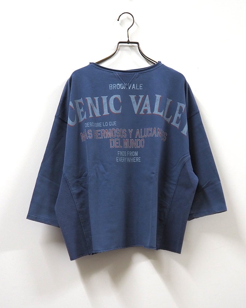 2WAY7分スウェットTEE 七分袖スウェット カレッジロゴプリント ピグメント加工 ヴィンテージ風 脇リブ切替 Vガゼット カットオフ 前後2WAY着用可能 コットンスウェット フリーサイズ ゆったり ビッグシルエット アメカジストリート秋コーデ