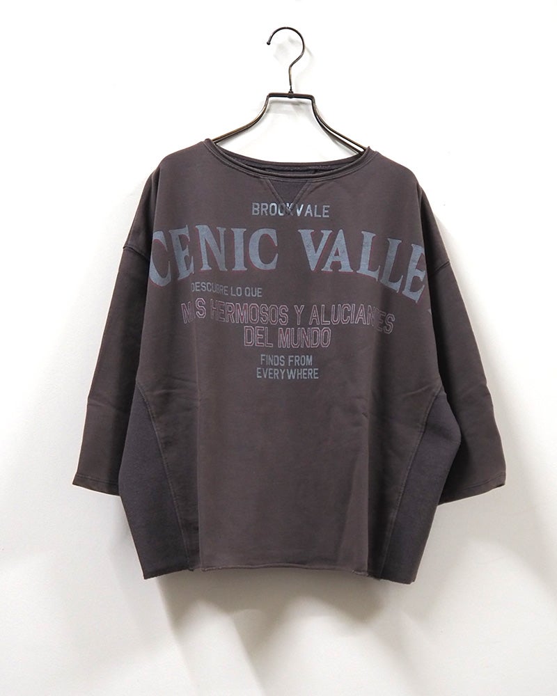 2WAY7分スウェットTEE 七分袖スウェット カレッジロゴプリント ピグメント加工 ヴィンテージ風 脇リブ切替 Vガゼット カットオフ 前後2WAY着用可能 コットンスウェット フリーサイズ ゆったり ビッグシルエット アメカジストリート秋コーデ