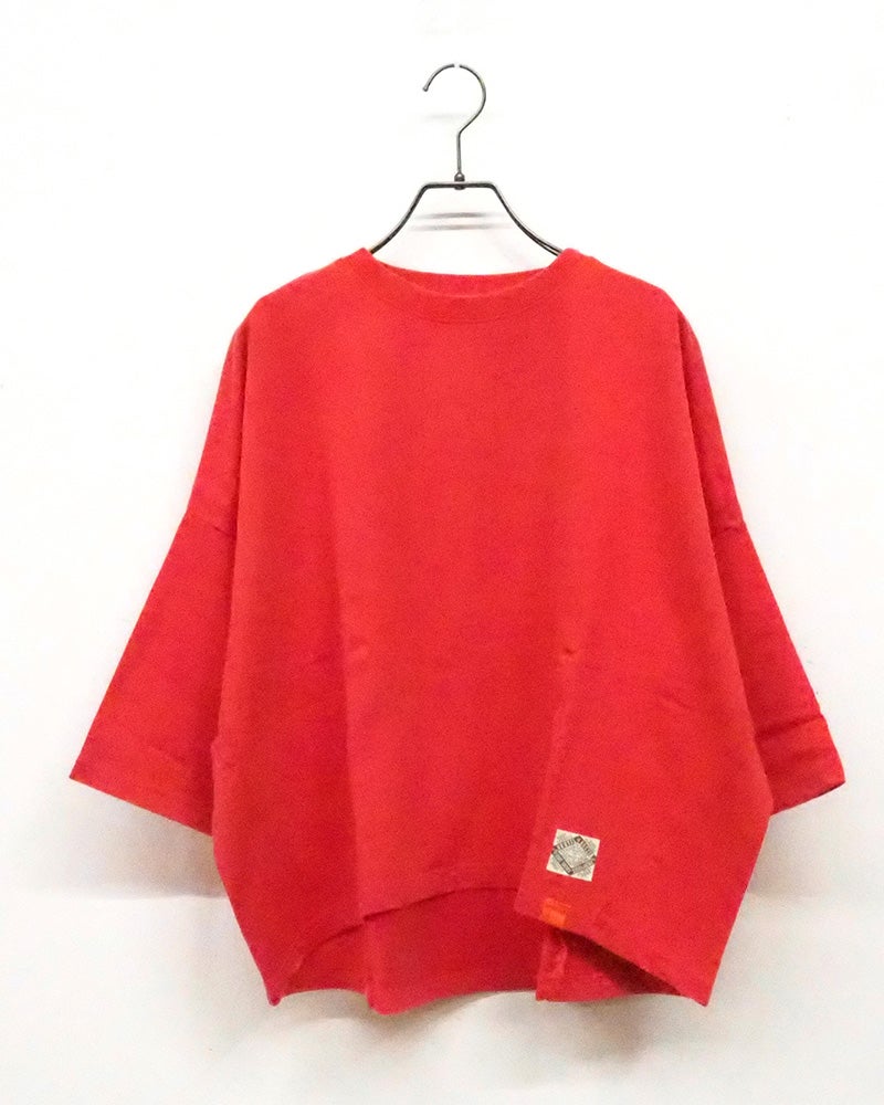 裏毛7分ワイドTEE 七分袖スウェット プルオーバー 裏毛生地 スモーキーカラー フェード感 裾ワッペン オレンジピスタグ ドロップショルダー 7分袖 ワイドシルエット フリーサイズ ゆったり 体型カバー 大人カジュアル 春秋コーデ