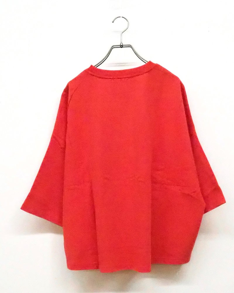 裏毛7分ワイドTEE 七分袖スウェット プルオーバー 裏毛生地 スモーキーカラー フェード感 裾ワッペン オレンジピスタグ ドロップショルダー 7分袖 ワイドシルエット フリーサイズ ゆったり 体型カバー 大人カジュアル 春秋コーデ