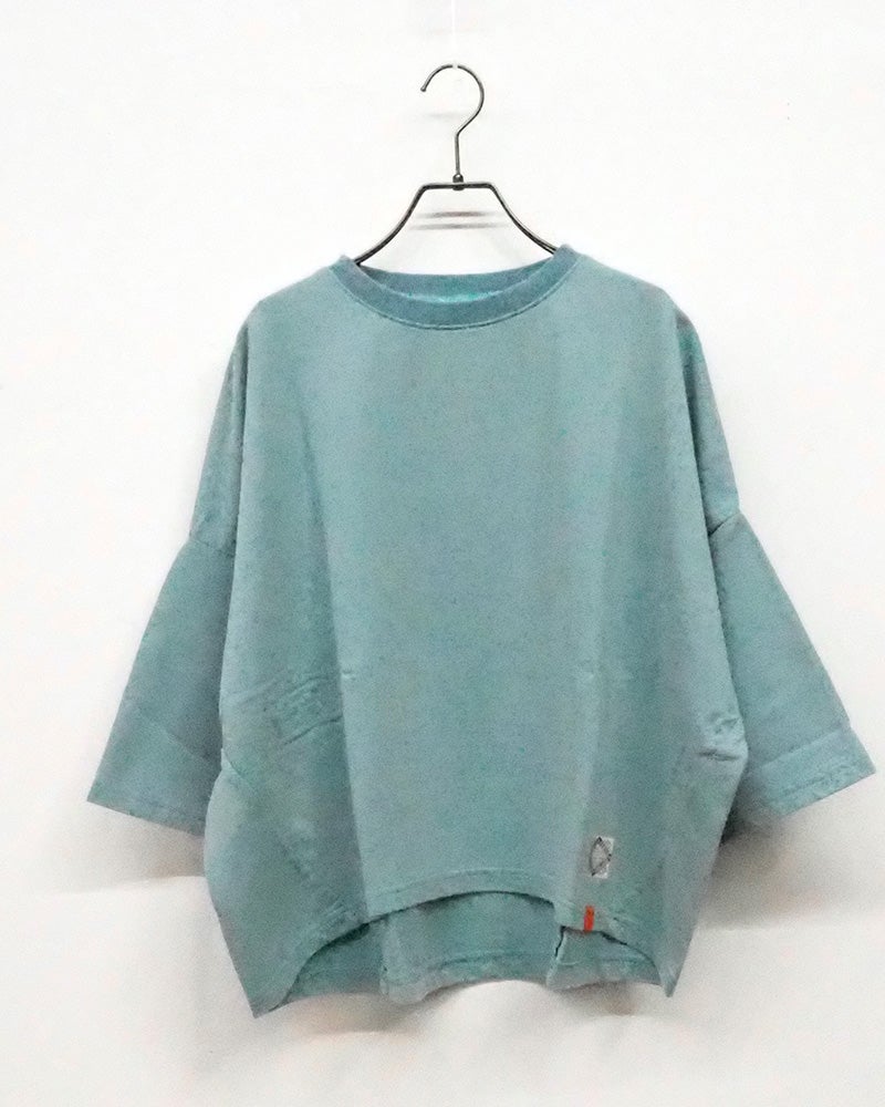 裏毛7分ワイドTEE 七分袖スウェット プルオーバー 裏毛生地 スモーキーカラー フェード感 裾ワッペン オレンジピスタグ ドロップショルダー 7分袖 ワイドシルエット フリーサイズ ゆったり 体型カバー 大人カジュアル 春秋コーデ