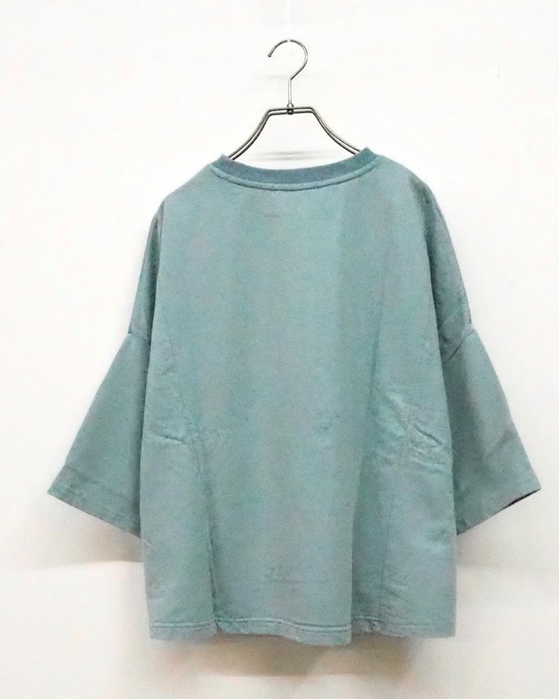 裏毛7分ワイドTEE 七分袖スウェット プルオーバー 裏毛生地 スモーキーカラー フェード感 裾ワッペン オレンジピスタグ ドロップショルダー 7分袖 ワイドシルエット フリーサイズ ゆったり 体型カバー 大人カジュアル 春秋コーデ