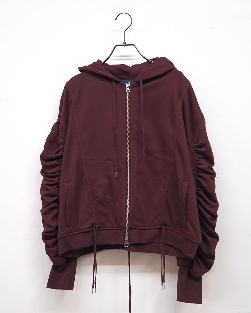 limiless リミレス ボリュームギャザーZIPUPフーディ フルジップスウェットパーカー シャーリングスリーブ ボリューム袖 裾バックドローコード 裾絞り ダブルジップ サイドポケット コットンスウェット 裏毛 ショート丈 フリーサイズ ストリートモード 大人カジュアル秋冬コーデ