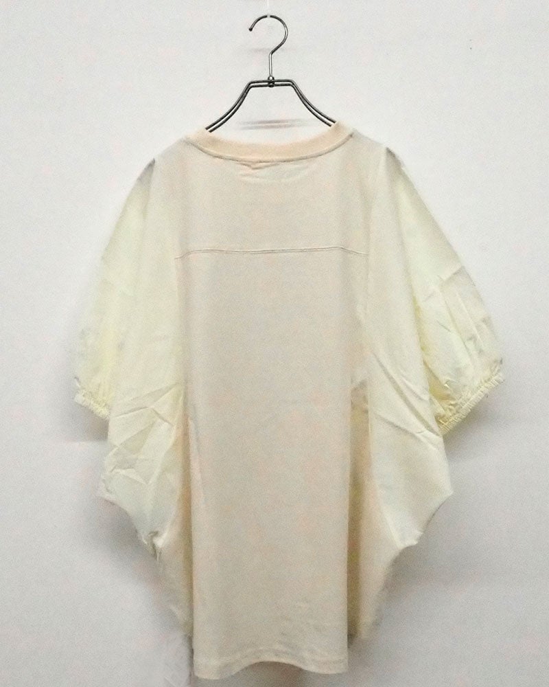 8Laboratory エイトラボラトリー ケミカル加工プリントプルオーバー 五分袖Tシャツ ナンバリングクラックプリント 異素材切り替え タイプライター袖 袖口ゴム ドルマンスリーブ ショート丈 フリーサイズ ゆったり 体型カバー スポーツミックス 大人カジュアル夏コーデ