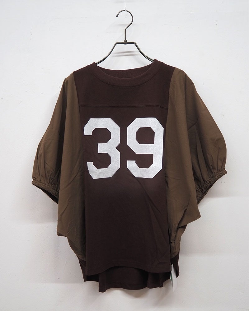 8Laboratory エイトラボラトリー ケミカル加工プリントプルオーバー 五分袖Tシャツ ナンバリングクラックプリント 異素材切り替え タイプライター袖 袖口ゴム ドルマンスリーブ ショート丈 フリーサイズ ゆったり 体型カバー スポーツミックス 大人カジュアル夏コーデ