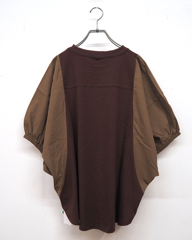 8Laboratory エイトラボラトリー ケミカル加工プリントプルオーバー 五分袖Tシャツ ナンバリングクラックプリント 異素材切り替え タイプライター袖 袖口ゴム ドルマンスリーブ ショート丈 フリーサイズ ゆったり 体型カバー スポーツミックス 大人カジュアル夏コーデ