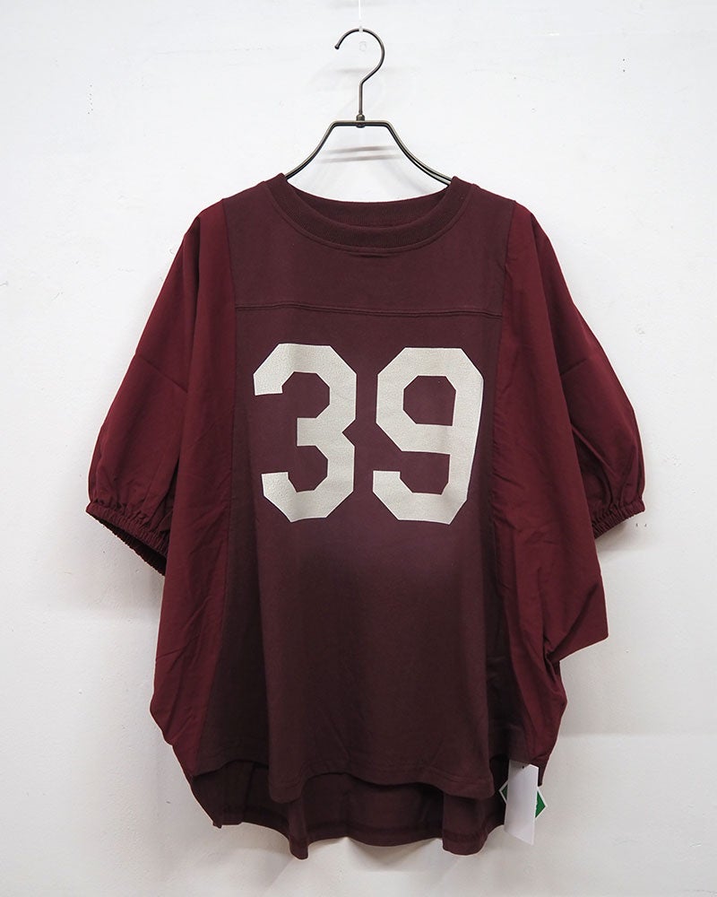8Laboratory エイトラボラトリー ケミカル加工プリントプルオーバー 五分袖Tシャツ ナンバリングクラックプリント 異素材切り替え タイプライター袖 袖口ゴム ドルマンスリーブ ショート丈 フリーサイズ ゆったり 体型カバー スポーツミックス 大人カジュアル夏コーデ