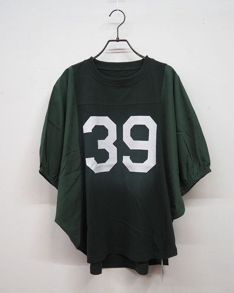 8Laboratory エイトラボラトリー ケミカル加工プリントプルオーバー 五分袖Tシャツ ナンバリングクラックプリント 異素材切り替え タイプライター袖 袖口ゴム ドルマンスリーブ ショート丈 フリーサイズ ゆったり 体型カバー スポーツミックス 大人カジュアル夏コーデ