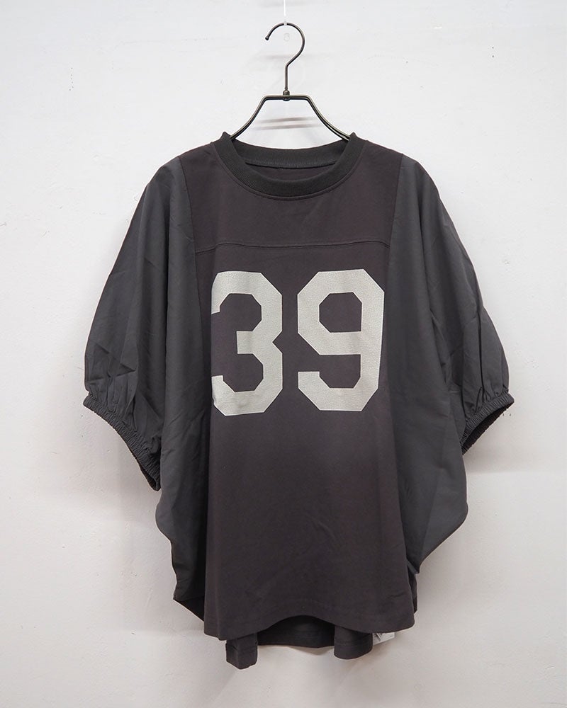 8Laboratory エイトラボラトリー ケミカル加工プリントプルオーバー 五分袖Tシャツ ナンバリングクラックプリント 異素材切り替え タイプライター袖 袖口ゴム ドルマンスリーブ ショート丈 フリーサイズ ゆったり 体型カバー スポーツミックス 大人カジュアル夏コーデ