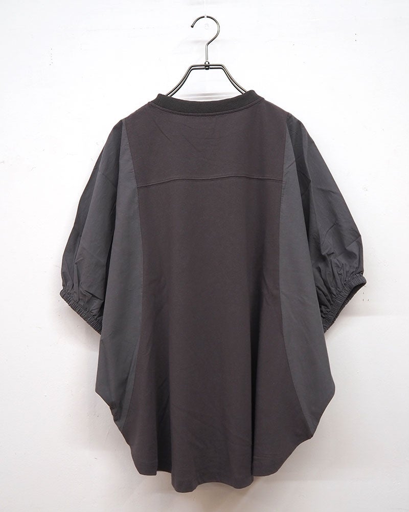 8Laboratory エイトラボラトリー ケミカル加工プリントプルオーバー 五分袖Tシャツ ナンバリングクラックプリント 異素材切り替え タイプライター袖 袖口ゴム ドルマンスリーブ ショート丈 フリーサイズ ゆったり 体型カバー スポーツミックス 大人カジュアル夏コーデ