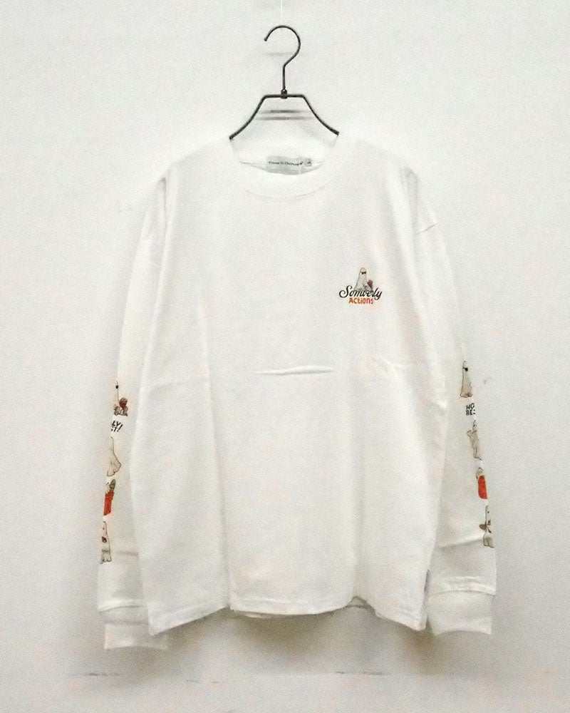 バブルロゴアンサンブルロンT 長袖Tシャツ ロンT オバケプリント アメリカンテイスト キュート 袖プリント バックプリント 胸元ワンポイント クルーネック ユニセックス フリーサイズ ゆったり オーバーサイズ ストリート アメカジ秋コーデ ホワイト