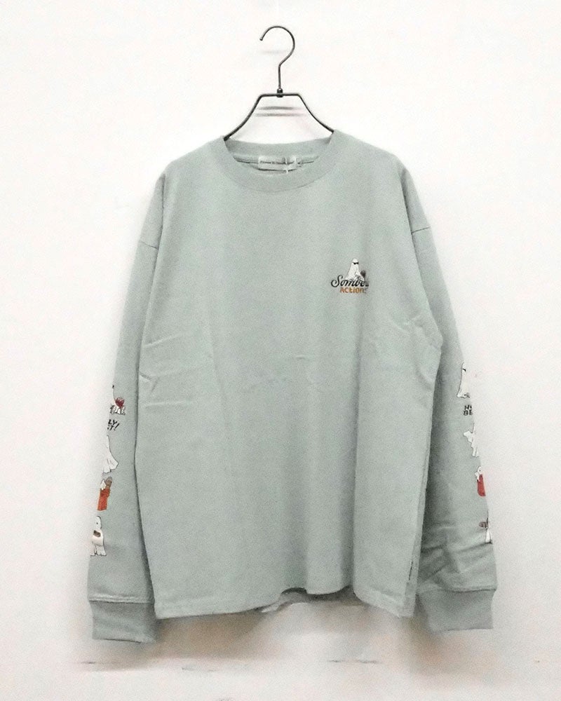 バブルロゴアンサンブルロンT 長袖Tシャツ ロンT オバケプリント アメリカンテイスト キュート 袖プリント バックプリント 胸元ワンポイント クルーネック ユニセックス フリーサイズ ゆったり オーバーサイズ ストリート アメカジ秋コーデ ホワイト