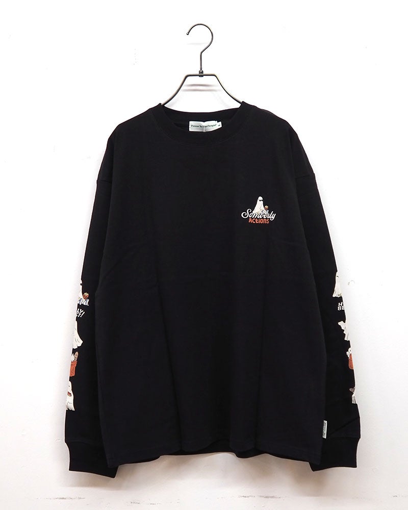 バブルロゴアンサンブルロンT 長袖Tシャツ ロンT オバケプリント アメリカンテイスト キュート 袖プリント バックプリント 胸元ワンポイント クルーネック ユニセックス フリーサイズ ゆったり オーバーサイズ ストリート アメカジ秋コーデ ホワイト