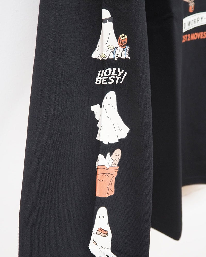 バブルロゴアンサンブルロンT 長袖Tシャツ ロンT オバケプリント アメリカンテイスト キュート 袖プリント バックプリント 胸元ワンポイント クルーネック ユニセックス フリーサイズ ゆったり オーバーサイズ ストリート アメカジ秋コーデ ホワイト