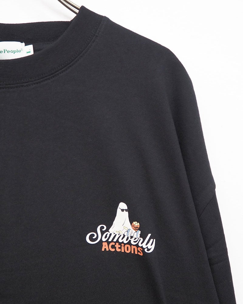 バブルロゴアンサンブルロンT 長袖Tシャツ ロンT オバケプリント アメリカンテイスト キュート 袖プリント バックプリント 胸元ワンポイント クルーネック ユニセックス フリーサイズ ゆったり オーバーサイズ ストリート アメカジ秋コーデ ホワイト