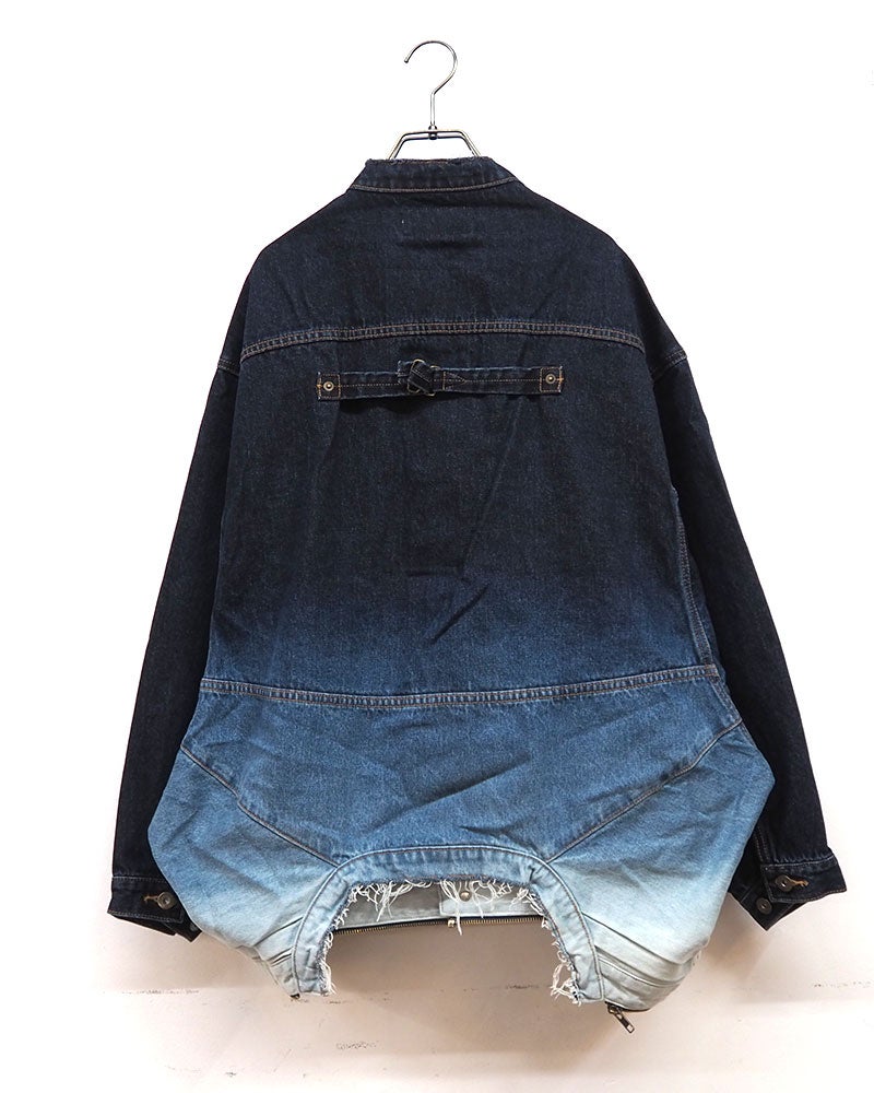 BIT BLUE ビットブルー 2WAYデニムジャケット Gジャン 上下逆さま着用可能 グラデーション手染め ジップフロント ボタンフロント 2WAY仕様 カットオフ ノーカラー ジップデザイン フリーサイズ ゆったり 個性的 モード ストリート秋冬アウター