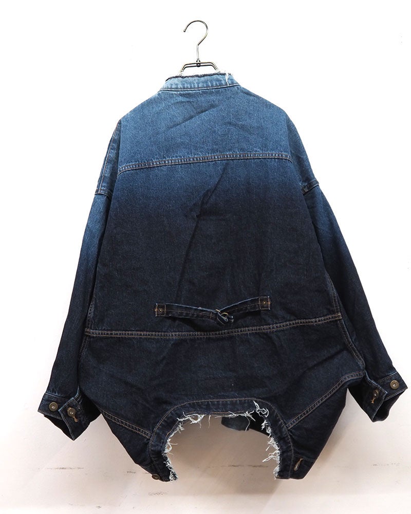BIT BLUE ビットブルー 2WAYデニムジャケット Gジャン 上下逆さま着用可能 グラデーション手染め ジップフロント ボタンフロント 2WAY仕様 カットオフ ノーカラー ジップデザイン フリーサイズ ゆったり 個性的 モード ストリート秋冬アウター