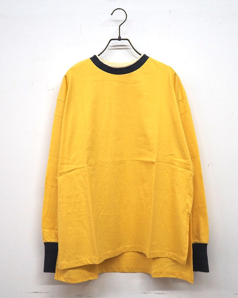 トリムロングスリーブT 長袖Tシャツ ロンT リンガーTシャツ 配色リブ 重ね着風 首元トリム 袖口配色 サイドスリット入り 前後差ヘム マルチボーダー フリーサイズ ゆったり 体型カバー ストリート アメカジ 大人カジュアル秋冬コーデ チャコールボーダー
