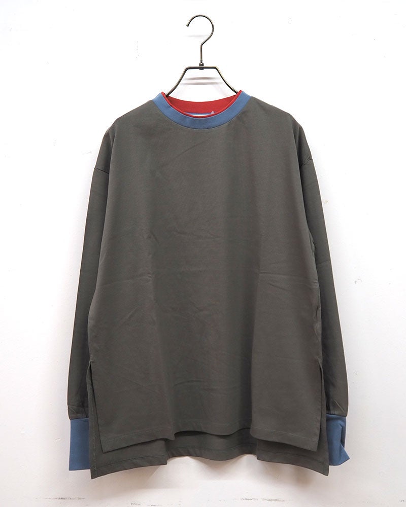 トリムロングスリーブT 長袖Tシャツ ロンT リンガーTシャツ 配色リブ 重ね着風 首元トリム 袖口配色 サイドスリット入り 前後差ヘム マルチボーダー フリーサイズ ゆったり 体型カバー ストリート アメカジ 大人カジュアル秋冬コーデ チャコールボーダー