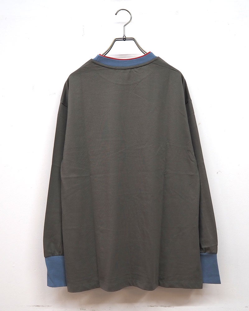 トリムロングスリーブT 長袖Tシャツ ロンT リンガーTシャツ 配色リブ 重ね着風 首元トリム 袖口配色 サイドスリット入り 前後差ヘム マルチボーダー フリーサイズ ゆったり 体型カバー ストリート アメカジ 大人カジュアル秋冬コーデ チャコールボーダー