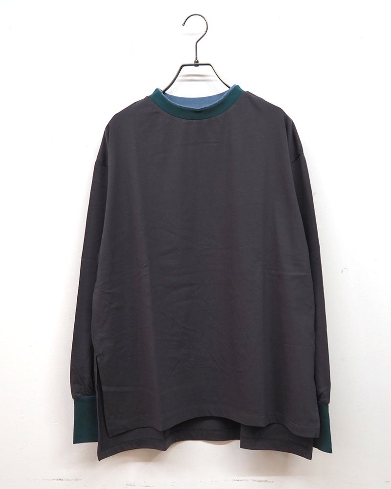 トリムロングスリーブT 長袖Tシャツ ロンT リンガーTシャツ 配色リブ 重ね着風 首元トリム 袖口配色 サイドスリット入り 前後差ヘム マルチボーダー フリーサイズ ゆったり 体型カバー ストリート アメカジ 大人カジュアル秋冬コーデ チャコールボーダー