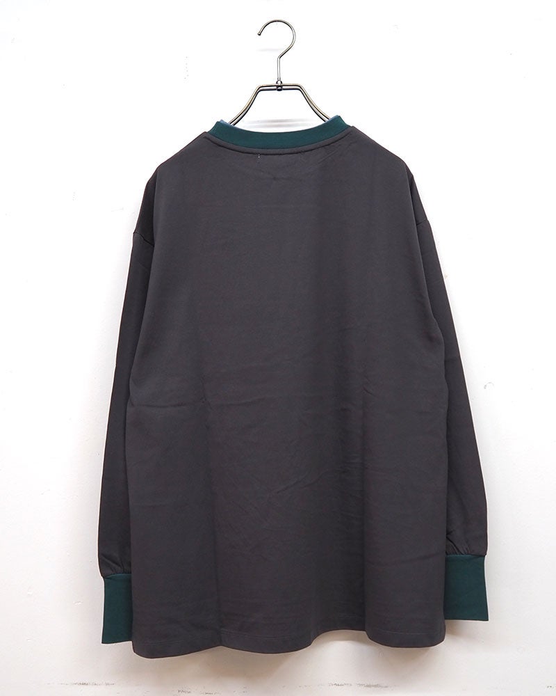 トリムロングスリーブT 長袖Tシャツ ロンT リンガーTシャツ 配色リブ 重ね着風 首元トリム 袖口配色 サイドスリット入り 前後差ヘム マルチボーダー フリーサイズ ゆったり 体型カバー ストリート アメカジ 大人カジュアル秋冬コーデ チャコールボーダー