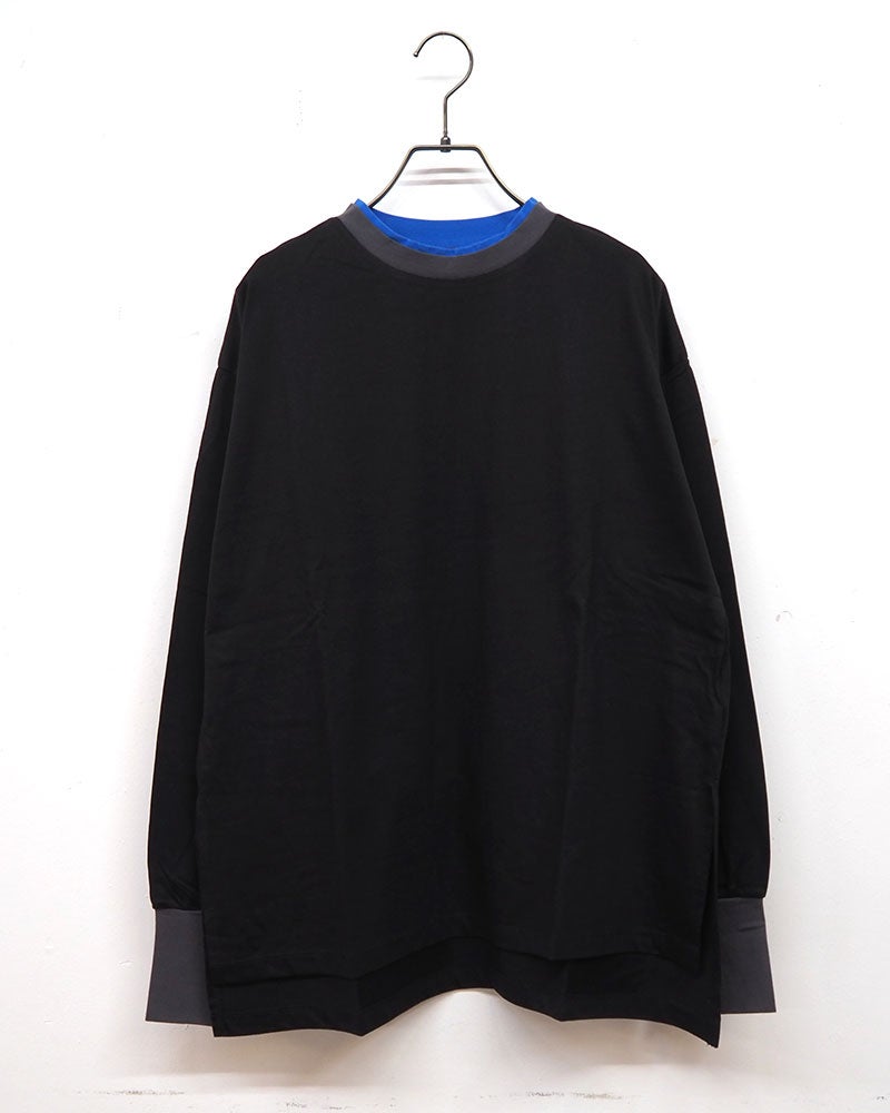 トリムロングスリーブT 長袖Tシャツ ロンT リンガーTシャツ 配色リブ 重ね着風 首元トリム 袖口配色 サイドスリット入り 前後差ヘム マルチボーダー フリーサイズ ゆったり 体型カバー ストリート アメカジ 大人カジュアル秋冬コーデ チャコールボーダー
