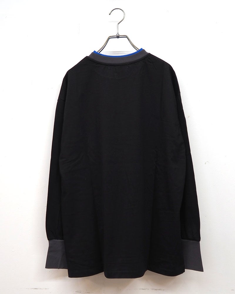トリムロングスリーブT 長袖Tシャツ ロンT リンガーTシャツ 配色リブ 重ね着風 首元トリム 袖口配色 サイドスリット入り 前後差ヘム マルチボーダー フリーサイズ ゆったり 体型カバー ストリート アメカジ 大人カジュアル秋冬コーデ チャコールボーダー