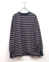 トリムロングスリーブT 長袖Tシャツ ロンT リンガーTシャツ 配色リブ 重ね着風 首元トリム 袖口配色 サイドスリット入り 前後差ヘム マルチボーダー フリーサイズ ゆったり 体型カバー ストリート アメカジ 大人カジュアル秋冬コーデ チャコールボーダー