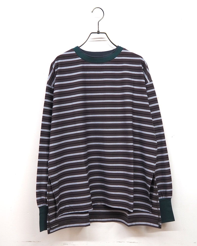 トリムロングスリーブT 長袖Tシャツ ロンT リンガーTシャツ 配色リブ 重ね着風 首元トリム 袖口配色 サイドスリット入り 前後差ヘム マルチボーダー フリーサイズ ゆったり 体型カバー ストリート アメカジ 大人カジュアル秋冬コーデ チャコールボーダー