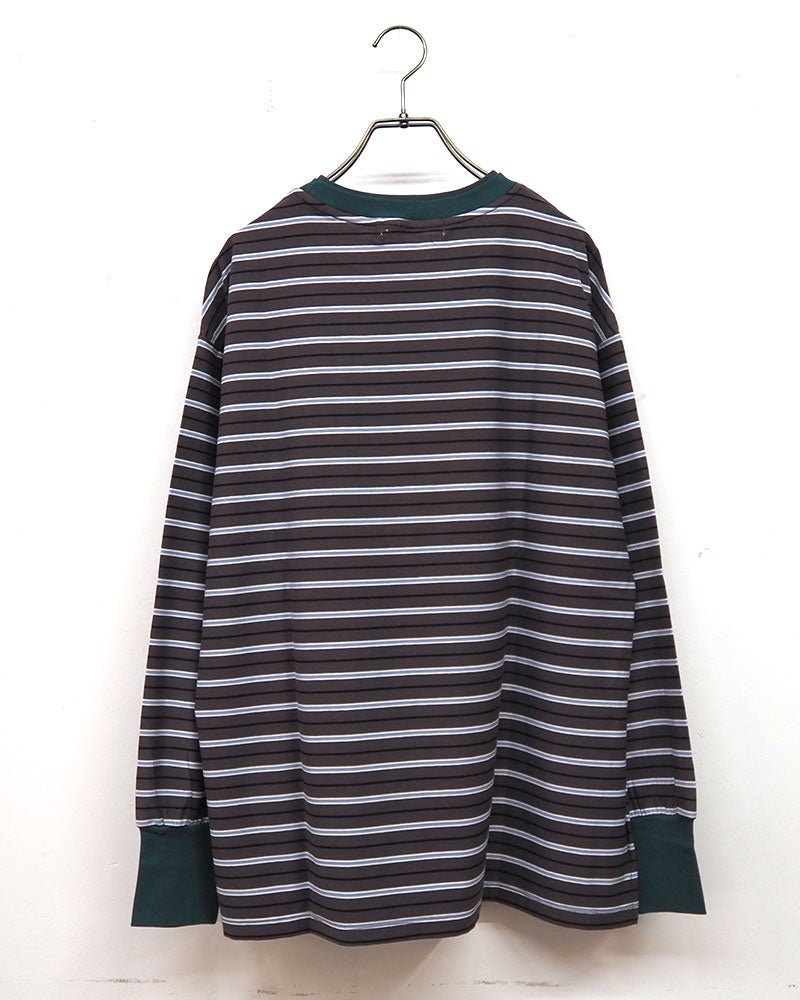 トリムロングスリーブT 長袖Tシャツ ロンT リンガーTシャツ 配色リブ 重ね着風 首元トリム 袖口配色 サイドスリット入り 前後差ヘム マルチボーダー フリーサイズ ゆったり 体型カバー ストリート アメカジ 大人カジュアル秋冬コーデ チャコールボーダー