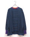 トリムロングスリーブT 長袖Tシャツ ロンT リンガーTシャツ 配色リブ 重ね着風 首元トリム 袖口配色 サイドスリット入り 前後差ヘム マルチボーダー フリーサイズ ゆったり 体型カバー ストリート アメカジ 大人カジュアル秋冬コーデ チャコールボーダー