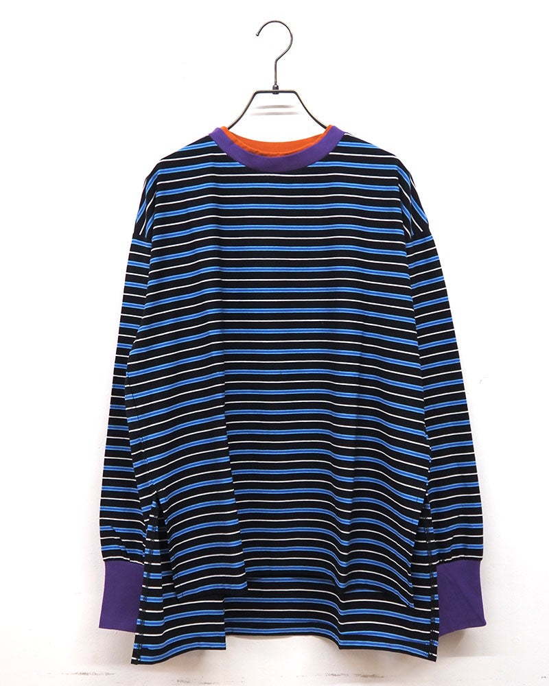 トリムロングスリーブT 長袖Tシャツ ロンT リンガーTシャツ 配色リブ 重ね着風 首元トリム 袖口配色 サイドスリット入り 前後差ヘム マルチボーダー フリーサイズ ゆったり 体型カバー ストリート アメカジ 大人カジュアル秋冬コーデ チャコールボーダー