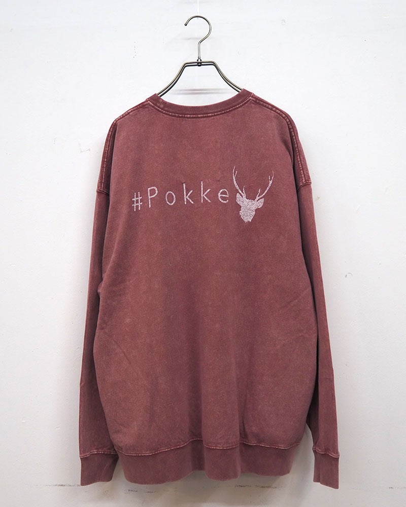 Pokke ポッケ ケミカル加工両脇ポケットプリントL/S TEE 長袖Tシャツ ロンT ケミカルウォッシュ ヴィンテージ加工 反転シカプリント ロゴプリント 両脇ポケット付き ドロップショルダー ビッグシルエット ユニセックス フリーサイズ ゆったり アメカジ ストリート秋冬コーデ ボルドーグレー