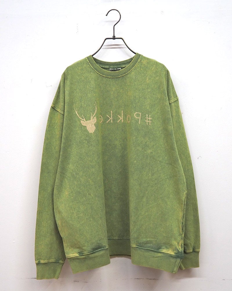 Pokke ポッケ ケミカル加工両脇ポケットプリントL/S TEE 長袖Tシャツ ロンT ケミカルウォッシュ ヴィンテージ加工 反転シカプリント ロゴプリント 両脇ポケット付き ドロップショルダー ビッグシルエット ユニセックス フリーサイズ ゆったり アメカジ ストリート秋冬コーデ ボルドーグレー