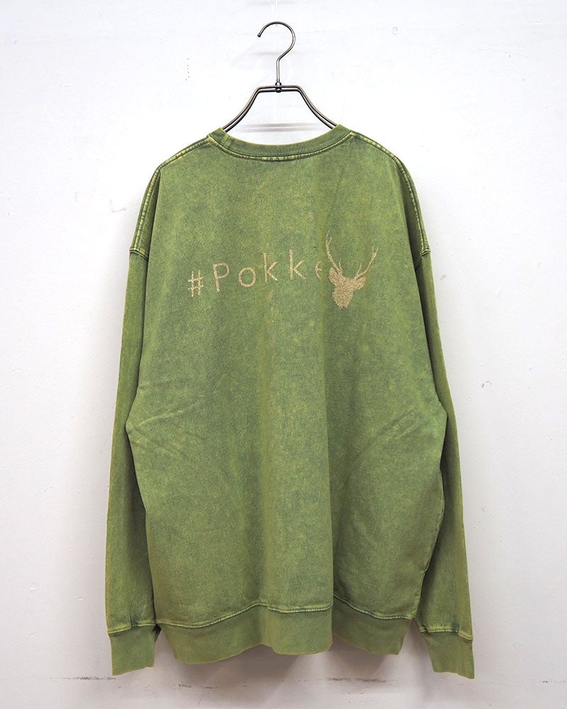 Pokke ポッケ ケミカル加工両脇ポケットプリントL/S TEE 長袖Tシャツ ロンT ケミカルウォッシュ ヴィンテージ加工 反転シカプリント ロゴプリント 両脇ポケット付き ドロップショルダー ビッグシルエット ユニセックス フリーサイズ ゆったり アメカジ ストリート秋冬コーデ ボルドーグレー