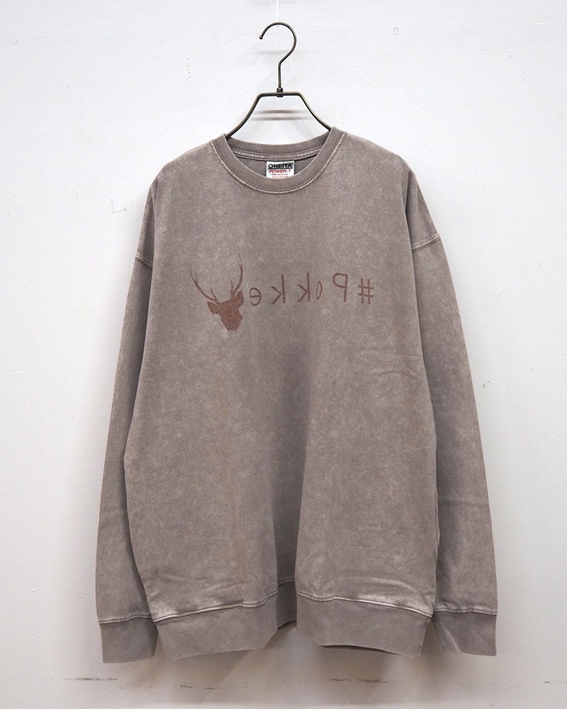 Pokke ポッケ ケミカル加工両脇ポケットプリントL/S TEE 長袖Tシャツ ロンT ケミカルウォッシュ ヴィンテージ加工 反転シカプリント ロゴプリント 両脇ポケット付き ドロップショルダー ビッグシルエット ユニセックス フリーサイズ ゆったり アメカジ ストリート秋冬コーデ ボルドーグレー