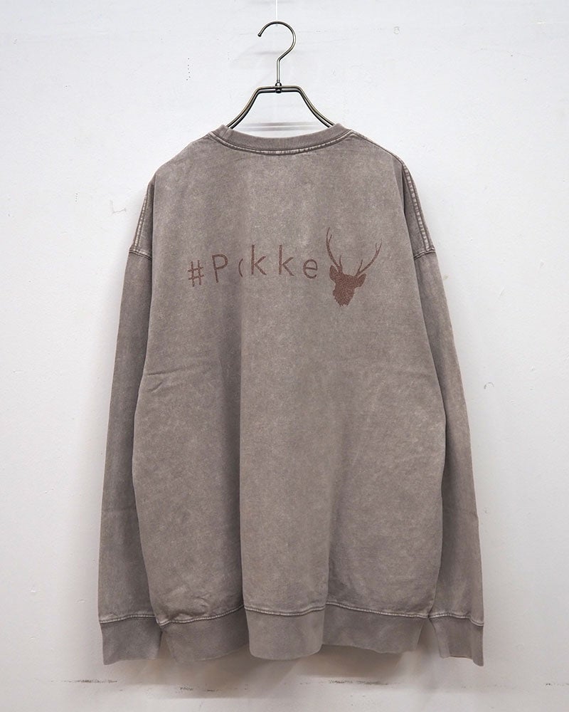 Pokke ポッケ ケミカル加工両脇ポケットプリントL/S TEE 長袖Tシャツ ロンT ケミカルウォッシュ ヴィンテージ加工 反転シカプリント ロゴプリント 両脇ポケット付き ドロップショルダー ビッグシルエット ユニセックス フリーサイズ ゆったり アメカジ ストリート秋冬コーデ ボルドーグレー