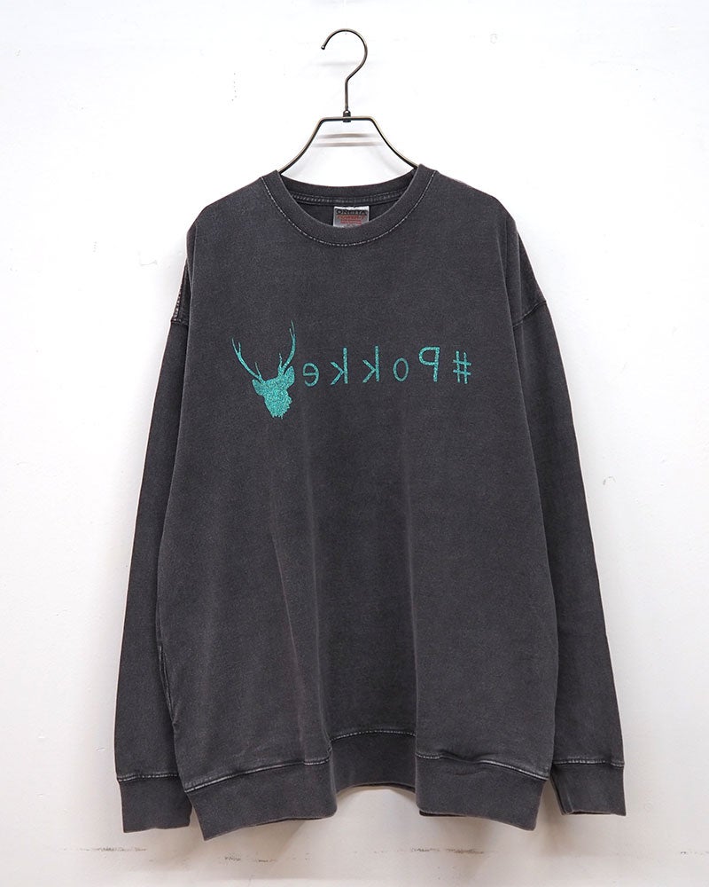 Pokke ポッケ ケミカル加工両脇ポケットプリントL/S TEE 長袖Tシャツ ロンT ケミカルウォッシュ ヴィンテージ加工 反転シカプリント ロゴプリント 両脇ポケット付き ドロップショルダー ビッグシルエット ユニセックス フリーサイズ ゆったり アメカジ ストリート秋冬コーデ ボルドーグレー